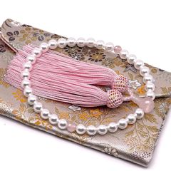 永善念珠屋 数珠 女性用 貝パール 【高級金襴数珠袋付き】天然貝核 人絹房 ピンク紅水晶 念珠 全ての宗派で使える じゅず 女性 念珠 手作り 記念品 葬儀 葬式 法事 法要 マイ数珠 (紅水晶) 1