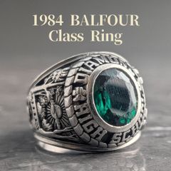 1984 BALFOUR 深彫りカレッジリング グリーンストーン CELESTRIUM 13.65g ヴィンテージ