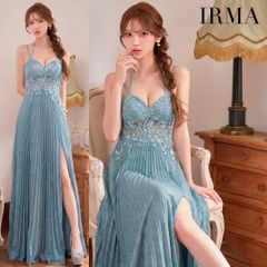 【IRMA / イルマ】ラメニット 刺繍 立体フラワー プリーツスリット キャミソール ホルターネック 2way シアー ストレッチ スピンドル ロングドレス キャバドレス 61116 sugar
