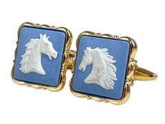 HD ウェッジウッド Wedgwood ホース 馬 カフス カフリンクス 陶器 ライトブルー×ゴールドカラー 배송비 무료