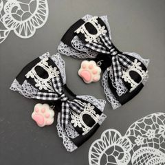 肉球♡はしごレースギンガムミニリボン　黒　ブラック　ヘアクリップ  量産型　地雷　ゴスロリ　天使界隈　サブカル　コンカフェ