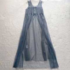【極美品】ヴァカンシー VACANCY ダブルチュール 2way ワンピース ロングワンピース ブルー 上品 リボン 繊細 シアーメッシュ 透け感 軽やか 女性らしさ 脚長効果 Aラインシルエット シャーリングギャザー デート 女子会 フェミニンスタイル