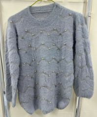 js*　パール調装飾 シャギーニット セーター 淡ブルー Fサイズ ほつれあり