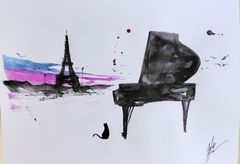 原画#659 黒猫 ピアノ エッフェル塔 パリ フランス 水彩画
