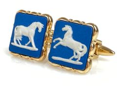HD ウェッジウッド Wedgwood ホース 馬 カフス カフリンクス 陶器 ブルー×ゴールドカラー 배송비 무료