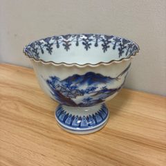 【九谷焼】金彩染付　山水図　盃洗　高台鉢　コンポート　脚付鉢　骨董　アンティーク　和食器　当時物　絵皿　手描き　陶芸　骨董食器