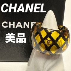 美品　シャネル　CHANEL　指輪　リング　マトラッセ　べっ甲　ココマーク　チェック　レジン　オレンジ　イエロー　ブラック　ゴールド　14号　箱