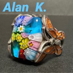 アランケー　Alan K.　指輪　リング　蝶　花柄　フラワー　フラワーモチーフ　イタリア製　SV925　スターリングシルバー　ベネチアンガラス　ムラーノガラス　13.74g　ブルー、ホワイト　ピンク　イエロー　レッド　オレンジ　シルバー　14号