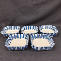 有田焼　アリタヤキ　岩峰作　染付十草文様　角小鉢　5客セット　和食器　縦縞　ストライプ　L2823