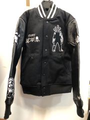 ◆STUSSY ステューシー KOSTAS SEREMETIS コスタスセレメティス パッチ 刺繍 レザー切替 スタジャン ジャケット Sサイズ 黒 中古◆22846★