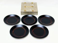 D492【未使用】黒塗 松葉蒔絵 菓子皿 銘々皿 5客セット 紙箱付 漆器