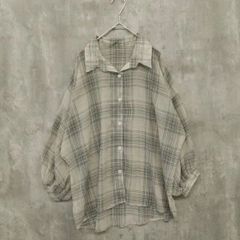 JUNOAH ジュノア ボリュームスリーブチェックシアーシャツ サイズL ライトグレー系 ブラック系 チェック柄 ラ・ヴェリタ古着 260904-1066 レディース 春夏 シアー オーバーサイズ ボリュームスリーブ カジュアル