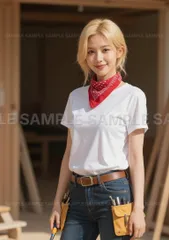 【アートポスター】 blond hair,white t-shirt,red bandana,jeans,tool #X2A0E