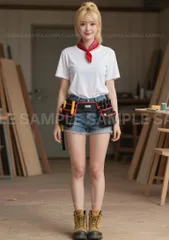 【アートポスター】作業女子、金髪ポニーテール、笑顔、白Tシャツ、デニムショートパンツ、ツールベルト、ワークブーツ、工 #X2A10