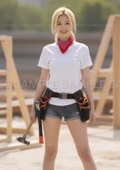 【アートポスター】作業女子 美人 白Tシャツ デニムショートパンツ 赤バンダナ 笑顔 工具ベルト #X2A12
