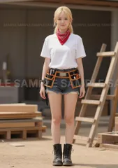 【アートポスター】美人 清楚 ショートヘア 白Tシャツ デニムショートパンツ 作業ベルト 赤バンダナ #X2A14