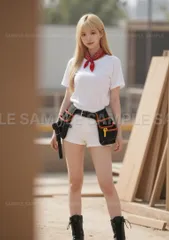 【アートポスター】美人 白Tシャツ ショートパンツ 工具ベルト 赤バンダナ 笑顔 #X2A1A