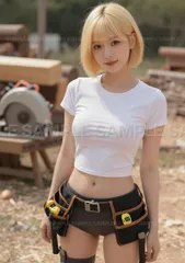 【アートポスター】 美人 ショートヘア 白Tシャツ 工具ベルト 笑顔 作業現場 室内 #X2A37