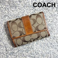 COACH コーチ 三つ折り財布 シグネチャー柄 キャンバス カーキ ブラウン レザートリム