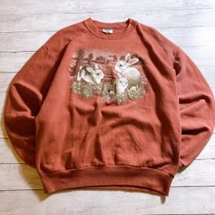 【USA製】90s Vintage JERZEES SWEATSHIRT ジャージーズ ブラウン テラコッタ ウサギ アニマル柄 フォトグラフィックプリント USA製 スウェットシャツ ヴィンテージ 古着 #26237