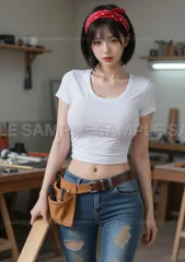 【アートポスター】美人 ショートヘア 白Tシャツ ジーンズ 作業着 工具ベルト 笑顔 #X2A52