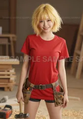 【アートポスター】美人 女性 笑顔 ショートヘア 赤Tシャツ 工具ベルト 木工所 作業場 ポーズ 癒やし #X2A53