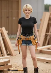 【アートポスター】美人建設女子、笑顔、ショートヘア、黒Tシャツ、デニムショートパンツ、工具ベルト、建築現場 #X2A58
