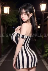 【アートポスター】美人 黒髪ロング ストライプ柄 夜景 室内灯 幻想的 ポートレート #X3025
