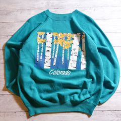 【USA製・希少カラー】90s Vintage HANES SWEATSHIRT ヘインズ ターコイズブルー エメラルドグリーン Colorado コロラド 白樺グラフィック プリント クルーネック スウェットシャツ USA製 古着 #26265