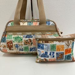 9642　 LeSportsac レスポートサック　トートバッグ　ミニボストン　肩がけ　ポーチ付き　切手柄　総柄　ナイロン　ベージュ系