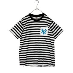Majestic マジェスティック MLB ニューヨークヤンキース 半袖Tシャツ L ブラック ホワイト 黒白 ボーダー メンズ NYロゴ 胸ポケット ポケットTシャツ クルーネック カットソー メジャーリーグ ベースボール ストリート カジュアル