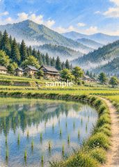 【開運・運気上昇】実りを呼ぶ水鏡の山里｜金運・幸運・癒しの風景画No.1742