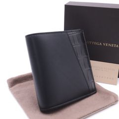 3日以内返品可 極美品 BOTTEGAVENETA ボッテガヴェネタ クロコ レザー コンパクト ウォレット 583611 二つ折り財布 ブラック カーフレザー クロコダイル メンズ
