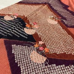 結城紬 付下げ 裄67.5 トールサイズ 絞り染め 刺繍の花模様 着物 正絹 X-10343