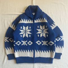 00s　archive　GEORGIA　ジョージア　非売品　懸賞品　肉厚カウチンニット　セーター　ジップアップカーディガン　ショールカラー　へちま襟　ノルディック柄　雪結晶　ジャガード織り　ブルー×ホワイト　大きいサイズ　一点物　アメカジ　グランジ　C-BOY