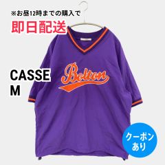 CASSE Tシャツ/カットソー M パープル 無地 前面プリント ライン柄 半袖 ミドル丈 Vネック レディース