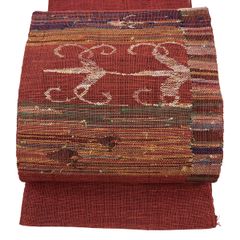 名古屋帯 優品 八寸名古屋帯 夏帯 紗 幾何学模様 えんじ色 正絹 【中古】