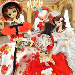 スキヨドール 4体セット まとめ スキヨ人形研究所 可愛い リボン印 ポーズ人形 まとめて フランス人形 西洋人形 昭和レトロ ドール 人形 アンティーク ヴィンテージ レース 赤いドレス 花柄 SUKIYO DOLL