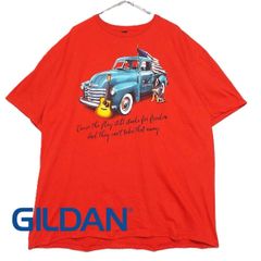 【ミュージシャン】GILDAN ギルダン LEE GREENWOOD リー・グリーンウッド アメ車 コルベット ギター 星条旗 犬 プリント　半袖Tシャツ　2XLサイズ（肩幅57cm）レッド【湘南倉庫】USED メンズ古着 ゆるだぼ　ビッグサイズ T99