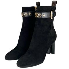 極美品▲LOUIS VUITTON ルイヴィトン 2021年製 1A965S シルエット ライン スウェードレザー アンクルブーツ ブラック ゴールド金具 35