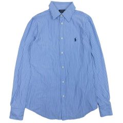 美品 POLO RALPH LAUREN ポロ・ラルフローレン ロゴ刺繍 ストライプ シャツ ブラウス カットソー トップス 長袖 S ホワイト ブルー レディース 古着 中古 USED