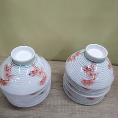 昭和レトロ 陶器製のお茶碗 飯入れ 赤絵 10客セット 箱入 長期間保管品 D184