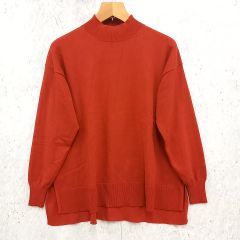 アースミュージックアンドエコロジー ニット モックネック サイドスリット リブ袖 ボックスシルエット レッド Lサイズ ◎、◇〇