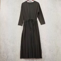 HUG.U ハグユー ワンピース ウエストリボン プリーツ ロング ウエストゴム モスグリーン Lサイズ 〇◇