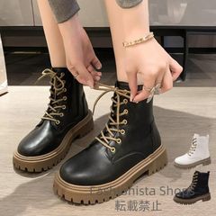 【新品未使用】厚底ショートブーツ 韓国 編み上げブーツ 