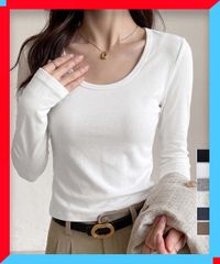 カットソー Uネック 長袖 レディース コンパクト 韓国風 トップス 重ね着 カジュアル 新品 送料無料