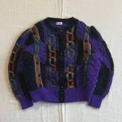 〜90s　vintage　ヴィンテージ　花　アシンメトリー　アートモチーフ　ロープ　ラメライン　ぽんぽん　立体編み　ハンドニット　モヘア　丸首カーディガン　短丈　パワーショルダー　昭和レトロ　グランジ　3d art design knit cardigan