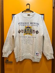 Y【Y17-74】◇ NUTMEG MILLS　XLサイズ　MLB公式ライセンス品　ミルウォーキー・ブルワーズ　ワッペンプリント スウェット　白色・グレー系　プリント柄　USA製　90年代