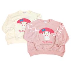 サンリオ　マイメロディ　サガラ刺繡　リボン袖　長袖　裏毛　スウエット　トレーナー　キッズ　ジュニア　子供　女の子　ホワイト　ピンク　キャラクター　マイメロ　１００cm　１１０cm　１２０cm　１３０cm　春　夏　秋　冬　服