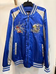 ◆光言 スカジャン 風神雷神 刺繍 青系 3Lサイズ ジャンパー 中古◆22926★